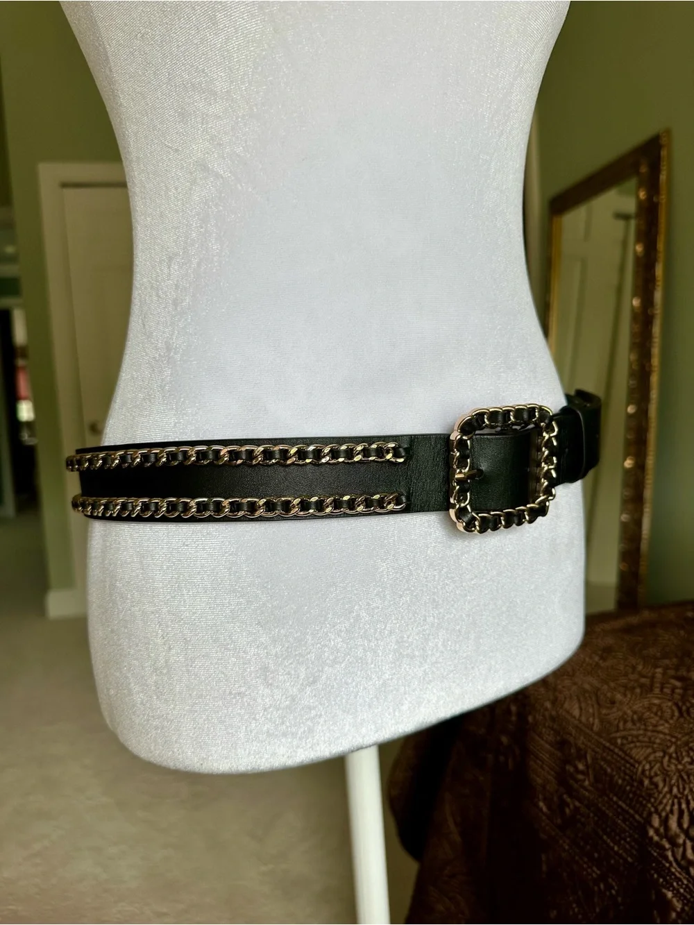 WHBM Black Leather Chain Link Belt
